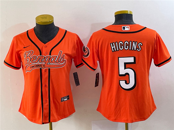Women's Cincinnati Bengals #5 Tee Higgins Orange With Patch Cool Base Stitched Baseball Jersey(Run Small)